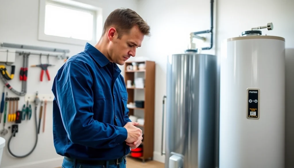Expert water heater installation raleigh with a technician demonstrating tank and tankless models.