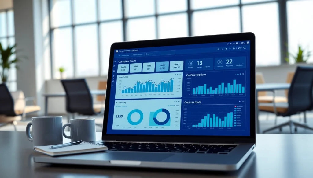 Analyze market trends using AI for competitor analysis in a modern office setting.