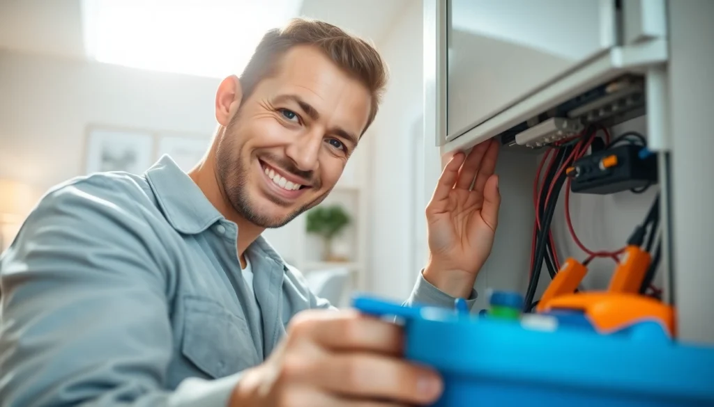 Electrician inspecting electrical panel in a modern home setting, ensuring safety and efficiency.