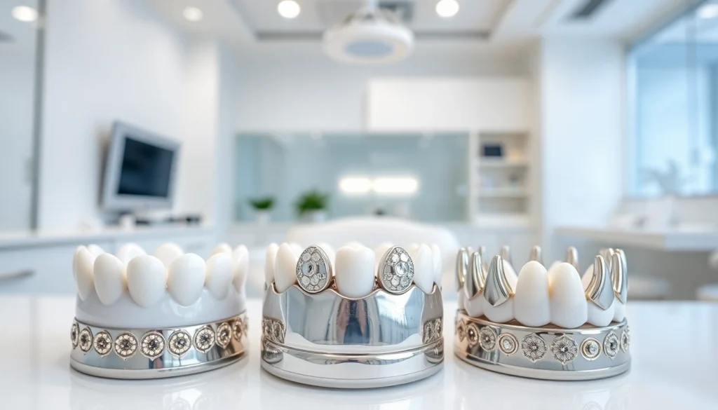 Showcasing various dental crowns with detailed features in a modern dental environment.