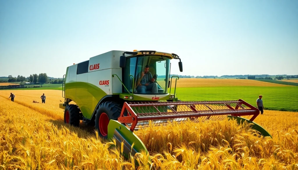 Claas schwankt mit modernem Erntegerät durch goldene Weizenfelder in der Landschaft.
