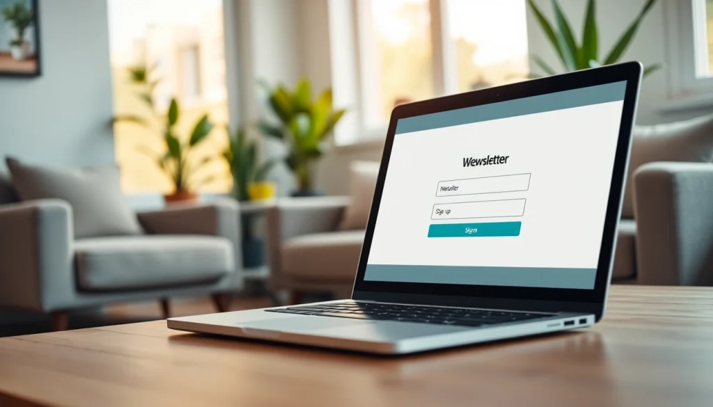 Encourage newsletter signup with a modern laptop in a cozy office setting.
