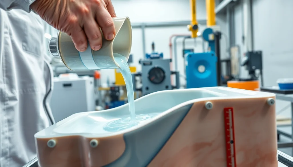 Pouring infusion resins into a mold in a professional workshop setting.