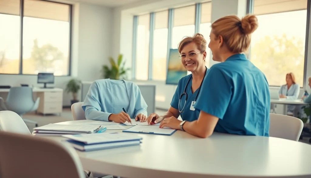 Engaged nurse at Alabama Board of Nursing discussing licensing and regulations