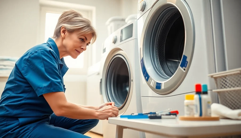 Expert washer repair technician inspecting a washing machine, showcasing professional service.