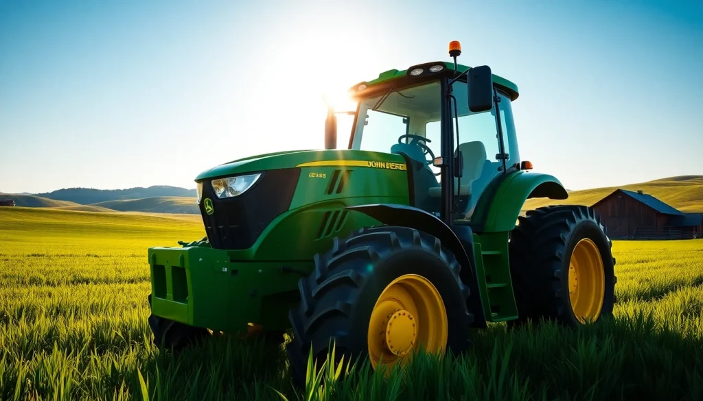 John Deere Traktor auf einem grünen Feld, symbolisiert innovative Landwirtschaftsarbeit.