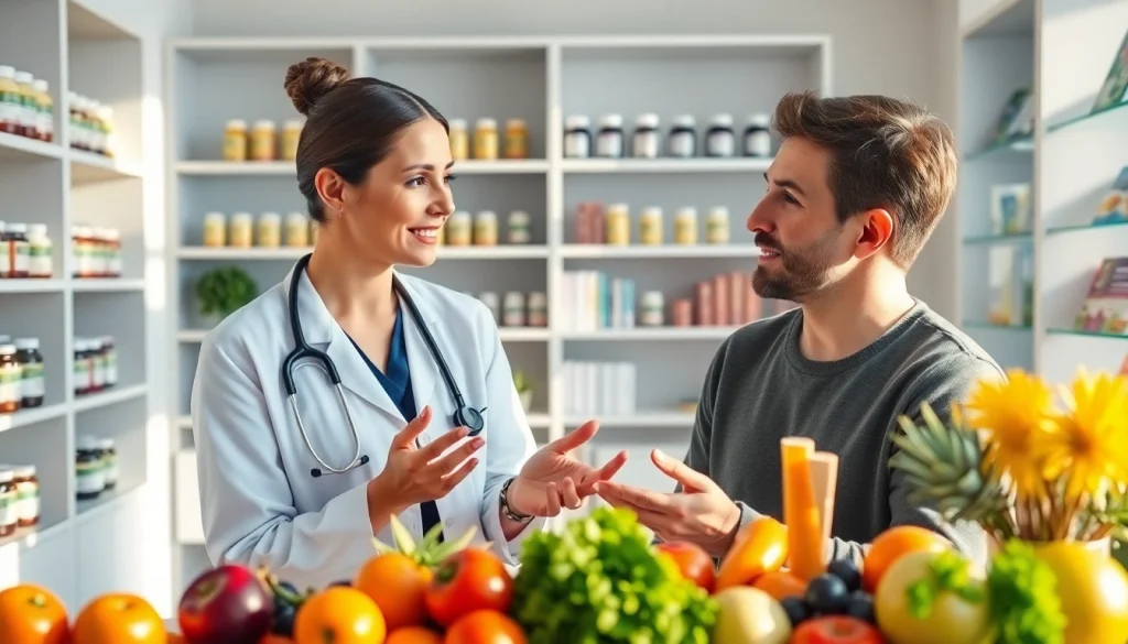 Discussing Energy Vitamin benefits in a modern clinical setting with a nutritionist.