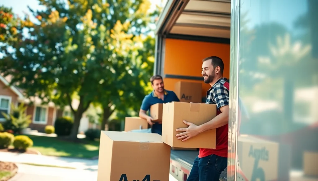 Long-Distance Movers expertly loading items into a moving truck in a sunny suburb.