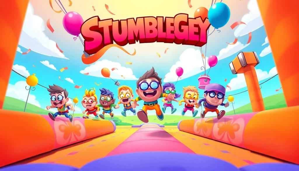 Characters from Stumble Guys mods racing through an obstacle course filled with vibrant colors.