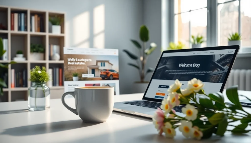 Engaging real estate blog workspace featuring a laptop, coffee, and decorative elements.