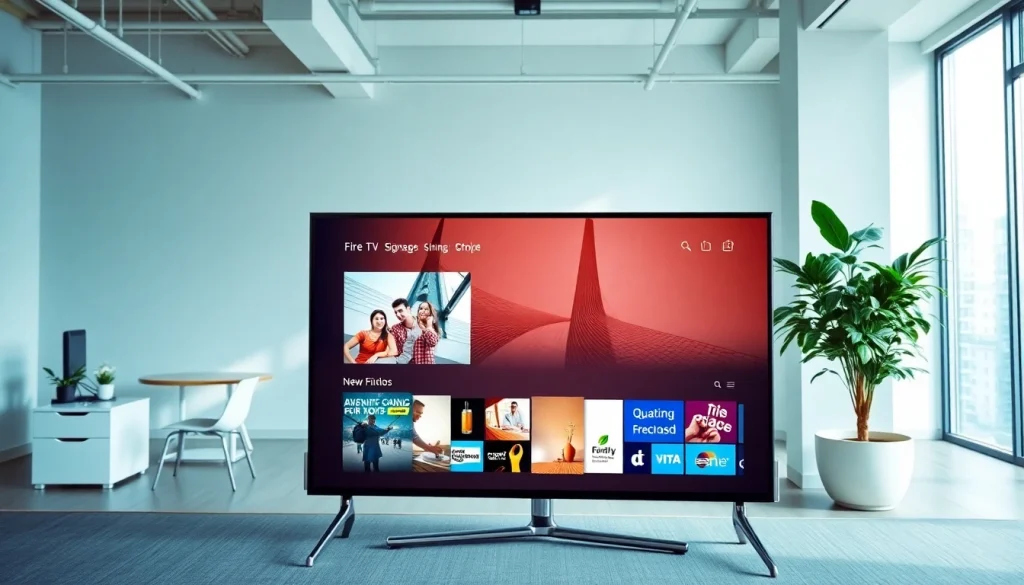 Showcasing the Fire TV digital signage app on a large screen in a vibrant office setting.