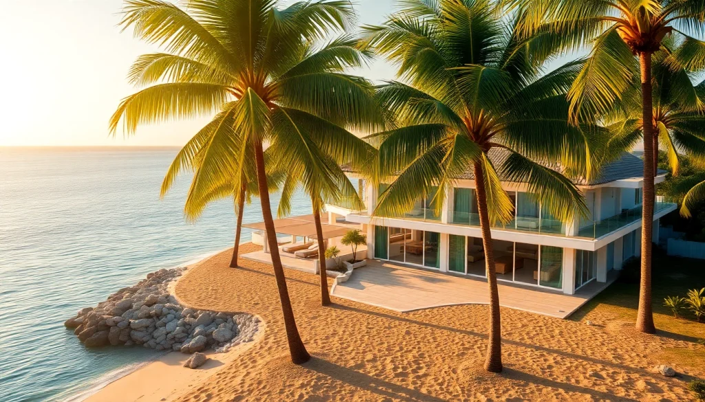 Showcasing the beauty of Real Estate in Belize with a luxurious beachfront villa amidst tropical scenery.