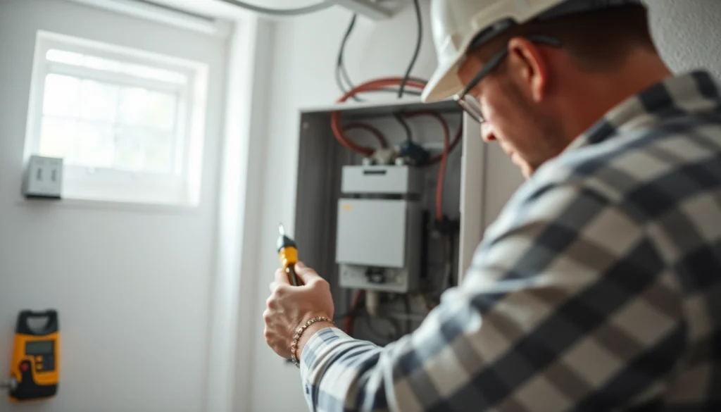 Technician performing an Electrical Panel Upgrade in a well-lit utility room with electrical tools.