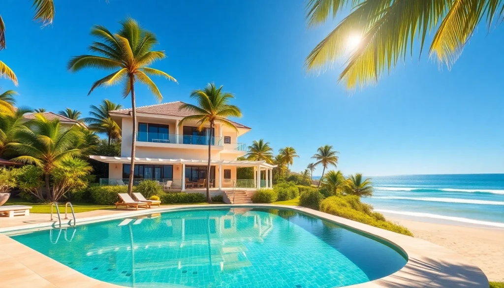 Engaging villa sales image showcasing a luxurious beachfront villa with inviting pool and tropical setting.