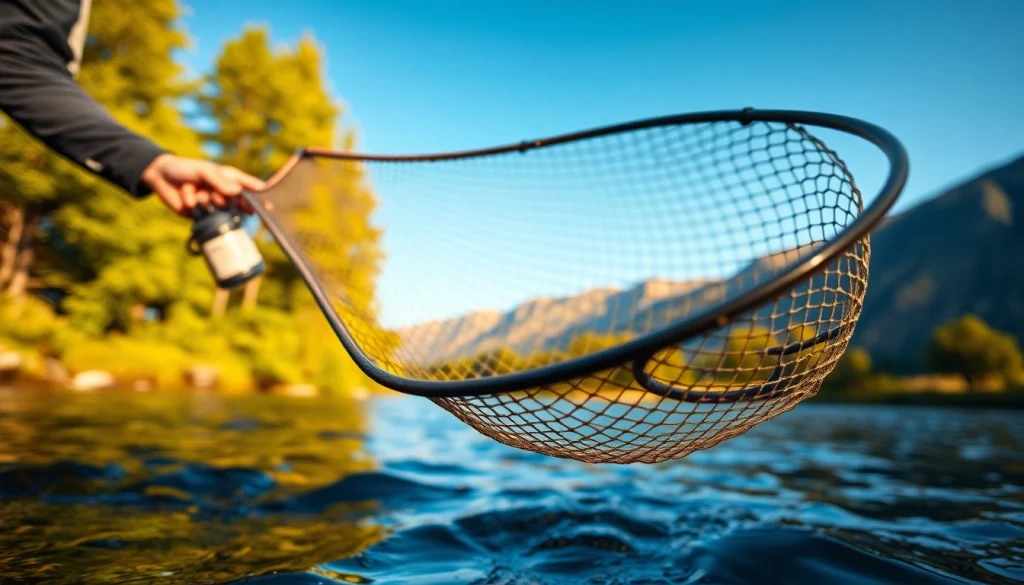 Capture the fly fishing net in use along a scenic mountain river, showcasing its craftsmanship.