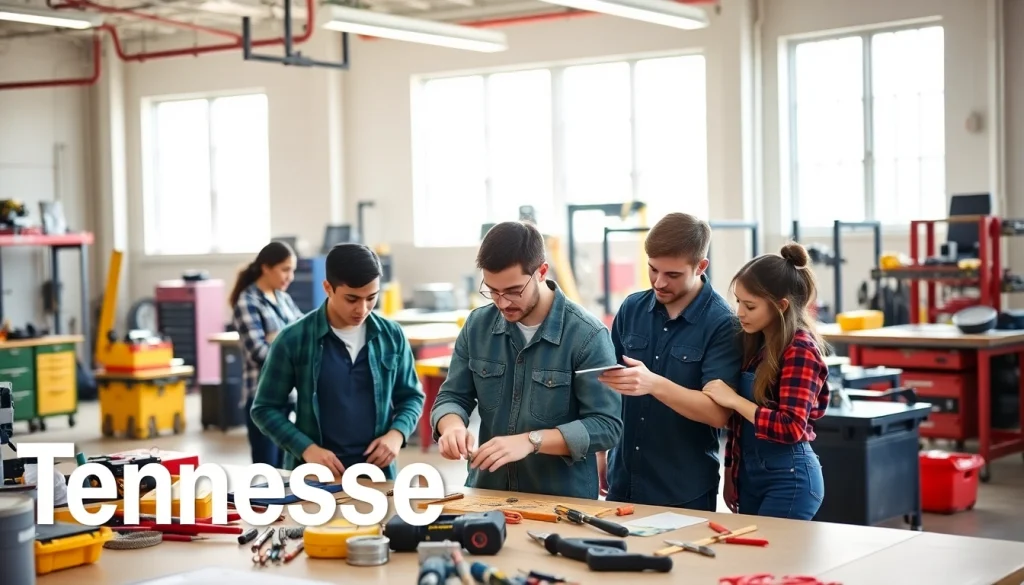 Students participating in hands-on training at a trade school in Tennessee, showcasing teamwork and skills.