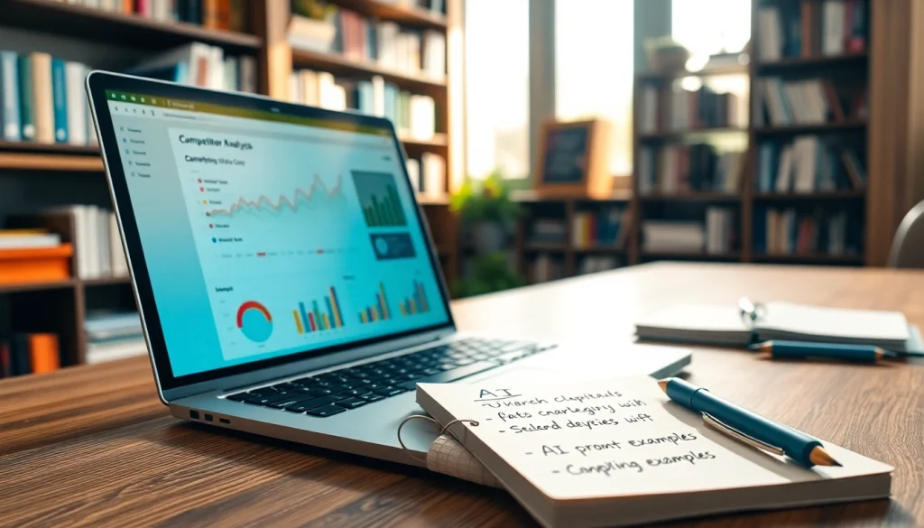 Analyze ai prompts for competitor analysis with a detailed digital workspace setup showcasing charts and notes.