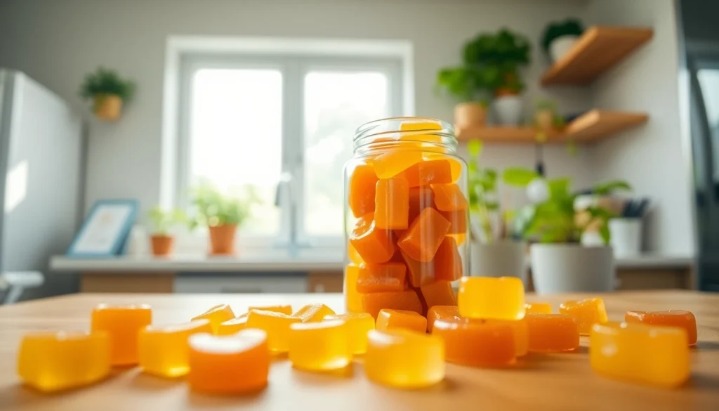 Enhance your health with Collagen pectin gummies displayed in a vibrant kitchen setting.