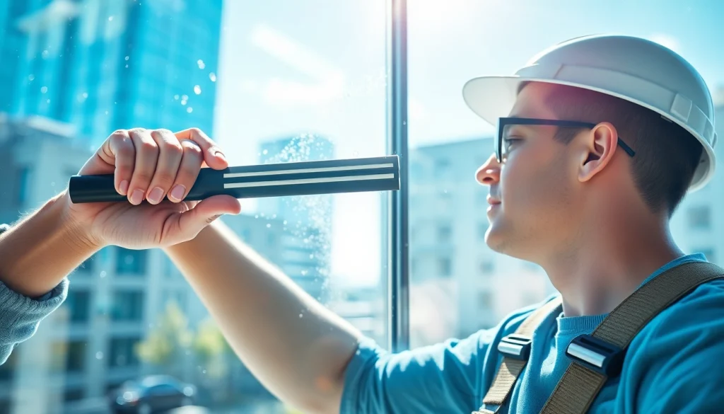 Technician performing window cleaning with a squeegee, showcasing professional techniques and sparkling results.