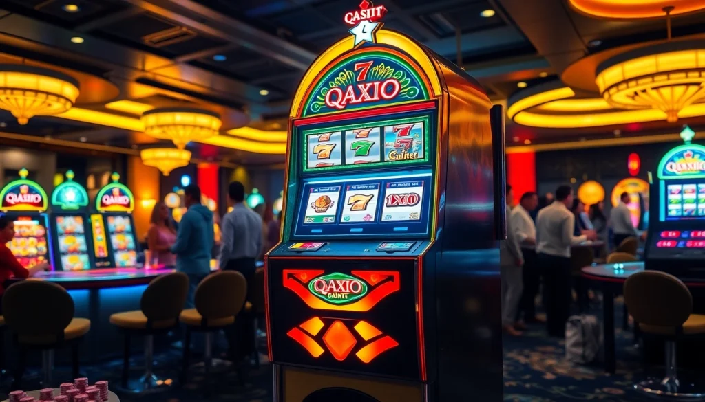 Mesin slot QQAXIOO yang berkilauan menampilkan suasana kasino yang penuh warna dan semangat.