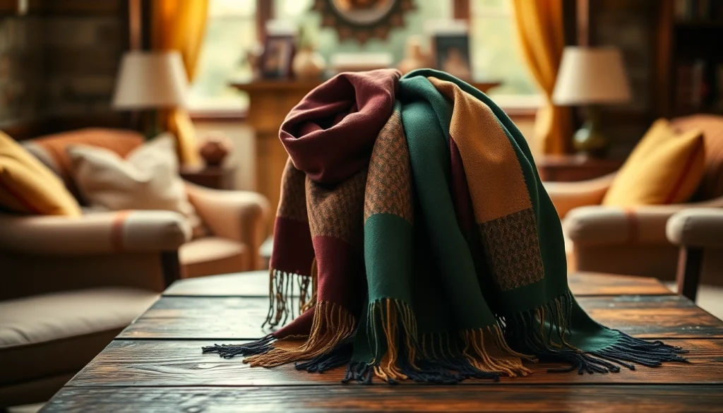 Stylish scarves with intricate designs laid out on a wooden table in a warm, inviting setting.