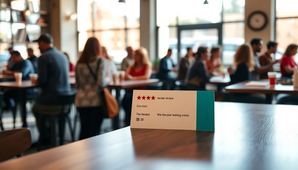 Encourage customer feedback with a stylish Google review card shown at https://www.reviewcardsgoogle.com in a warm café setting.