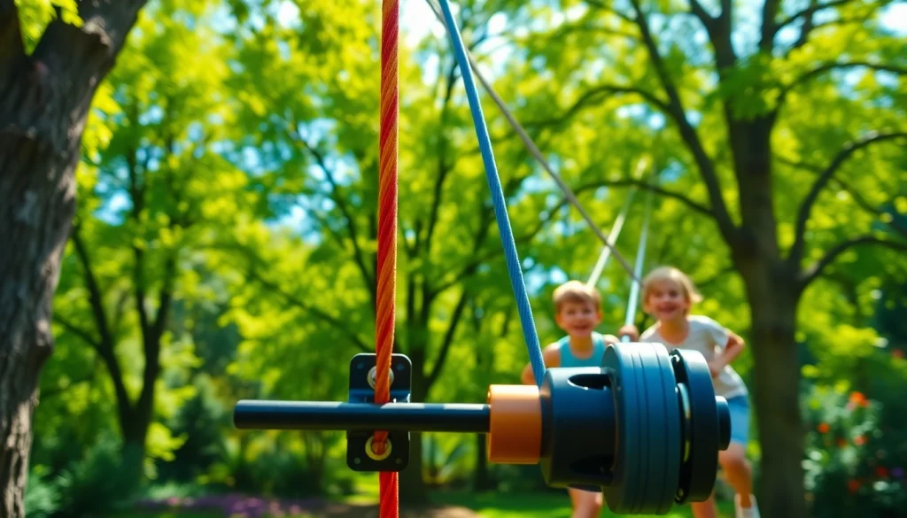 Engaged children enjoying a lively atmosphere with the ZIP WIRE KIT in a sunny backyard.