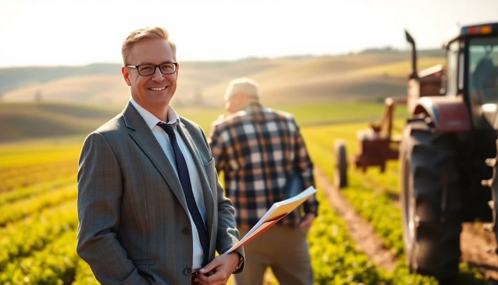 Engaging agriculture law attorney providing legal advice in a picturesque farm setting.