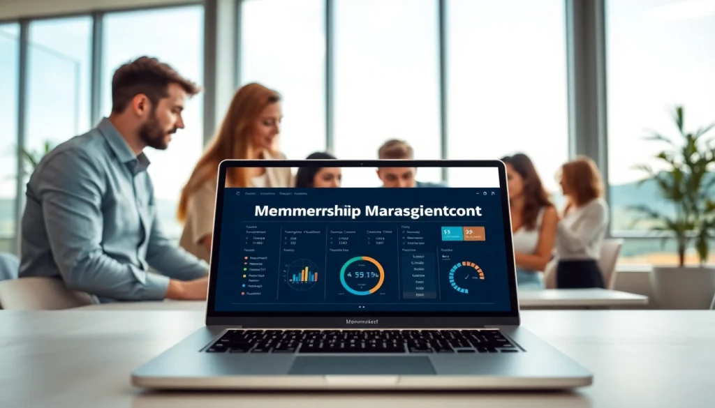 Engage with membership management software on a laptop as teams collaborate in a bright office.