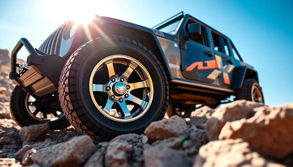 Showcasing powerful XD wheels on an off-road vehicle in a rugged landscape.