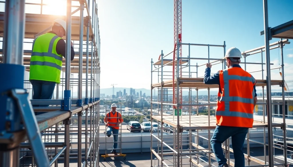 Workers assembling Whangarei scaffolding in a vibrant construction site under natural lighting.