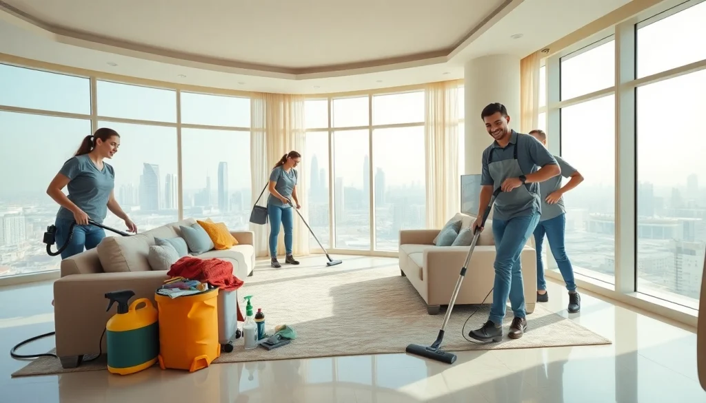 Experience move in deep cleaning services Dubai with professional cleaners transforming a warm, sunlit apartment space.
