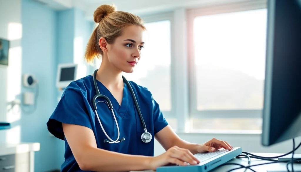 Nursing ceus online course completion with a focused nurse in a bright hospital setting.