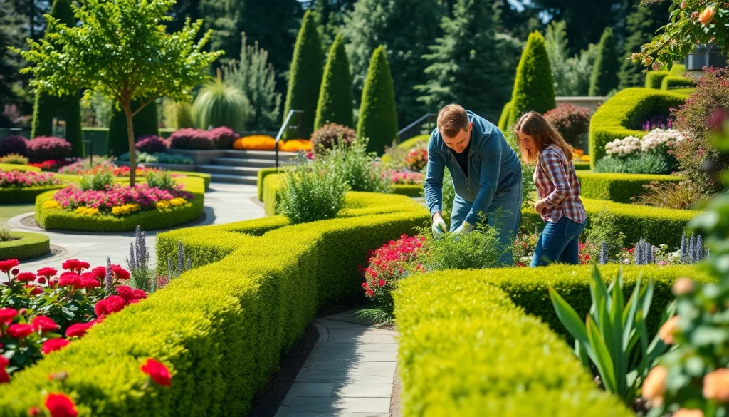 Landscaping contractor Coquitlam team at work in a vibrant garden, emphasizing teamwork and expertise.