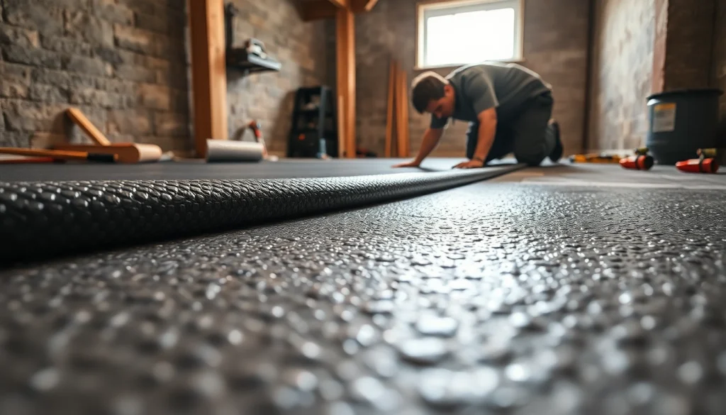 Install vapor barrier installation perfectly aligned in a concrete basement setting.