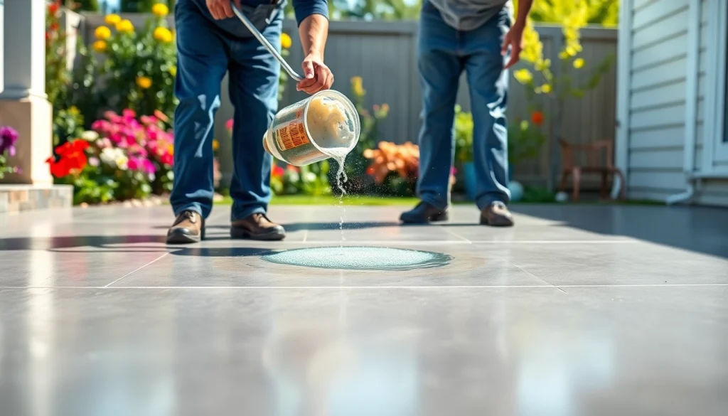 Applying patio coatings to enhance outdoor spaces with a professional finish.