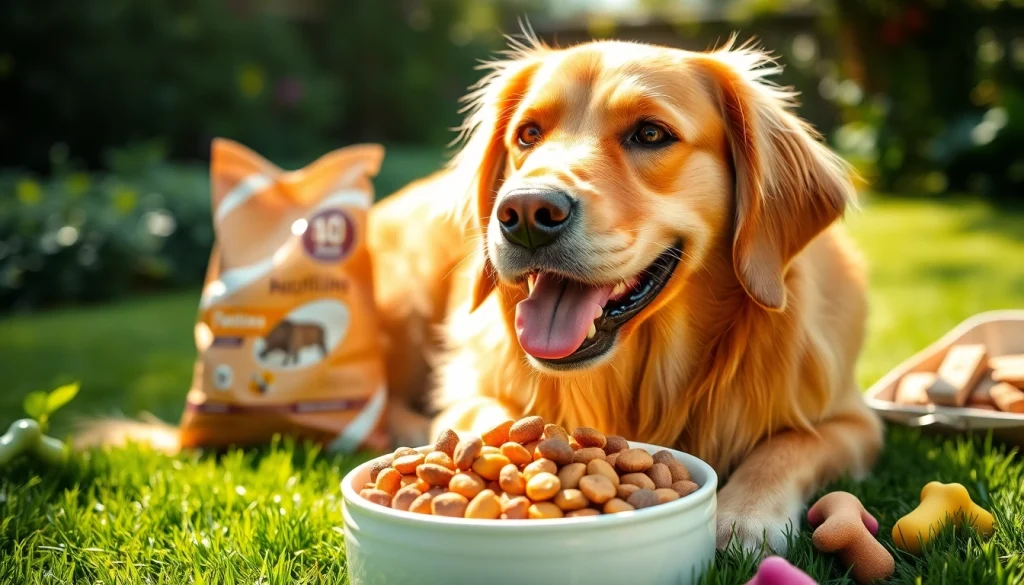 Golden retriever enjoying badlands ranch dog food canada in backyard.