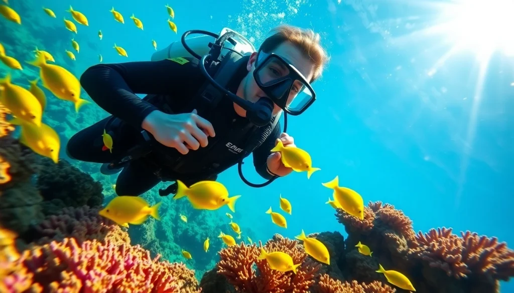 Dive into the underwater world with divers observing vibrant marine life while diving in San Pedro Belize.