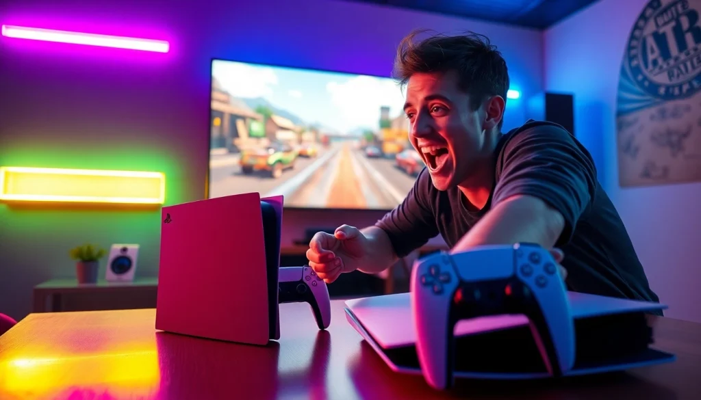 Gamer enjoying thrilling PS5 games in an energetic gaming room, vibrant atmosphere.