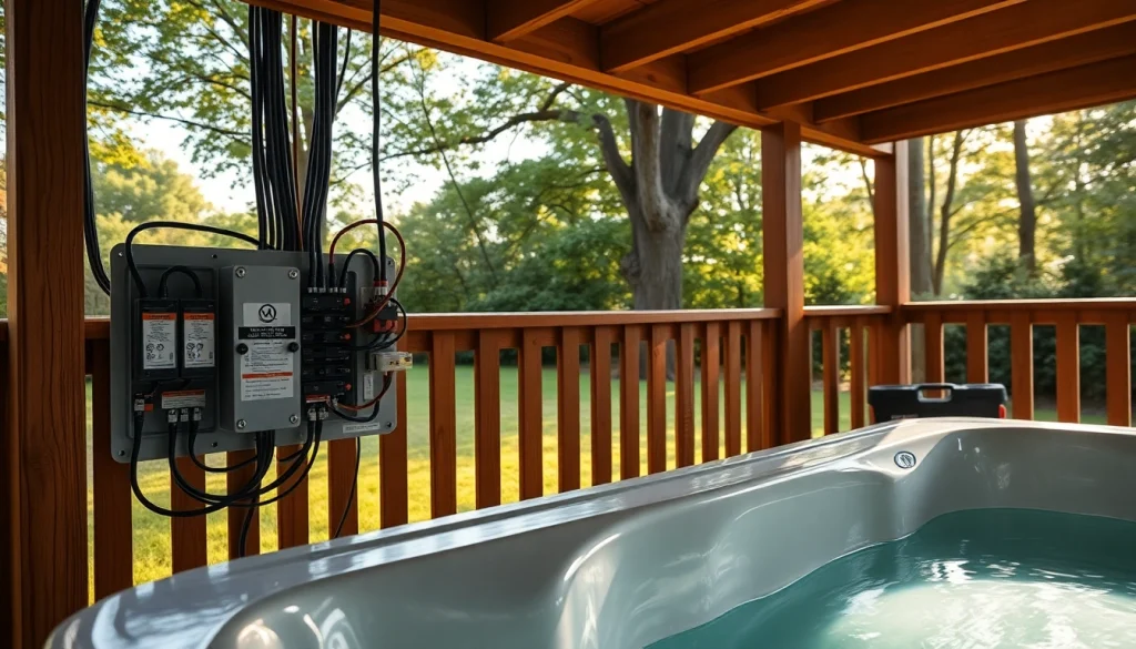 Hot tub electrical wiring displayed with clear labels and safety features in a serene backyard setting.
