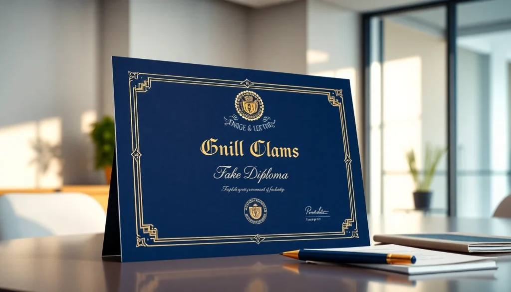 Buy a fake diploma showcased elegantly on a desk with a sophisticated setting, enhancing professional appeal.