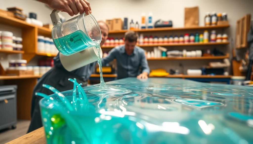 Pouring laminating resin over fiberglass in a well-lit workshop for crafting.