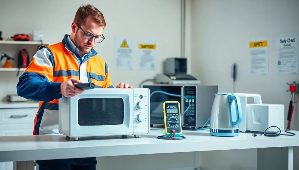 Technician performing Portable Appliance Testing on various appliances with safety gear and equipment.