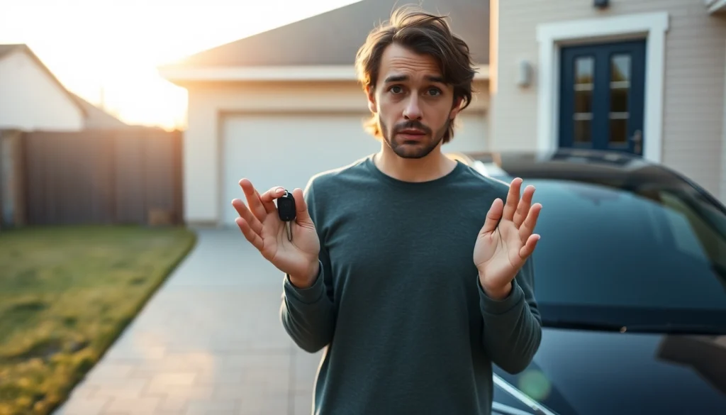 Individual expressing frustration over Lost Car Keys while standing by a parked vehicle.