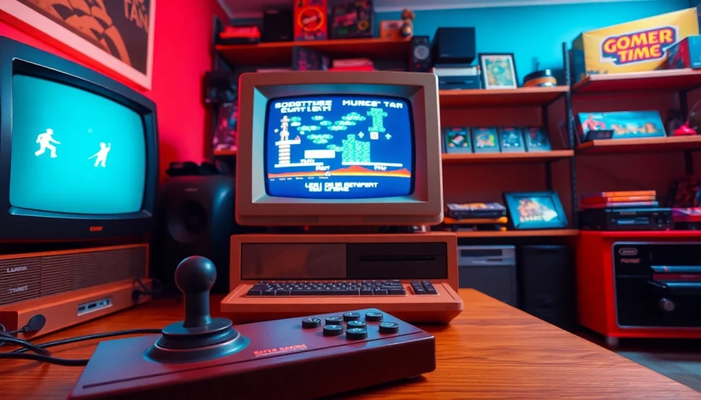 Play DOS games on a retro setup featuring vintage computer and classic games.