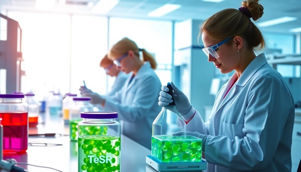 Researchers conducting all check procedures in a modern laboratory with TeSR™ media for stem cell culture.