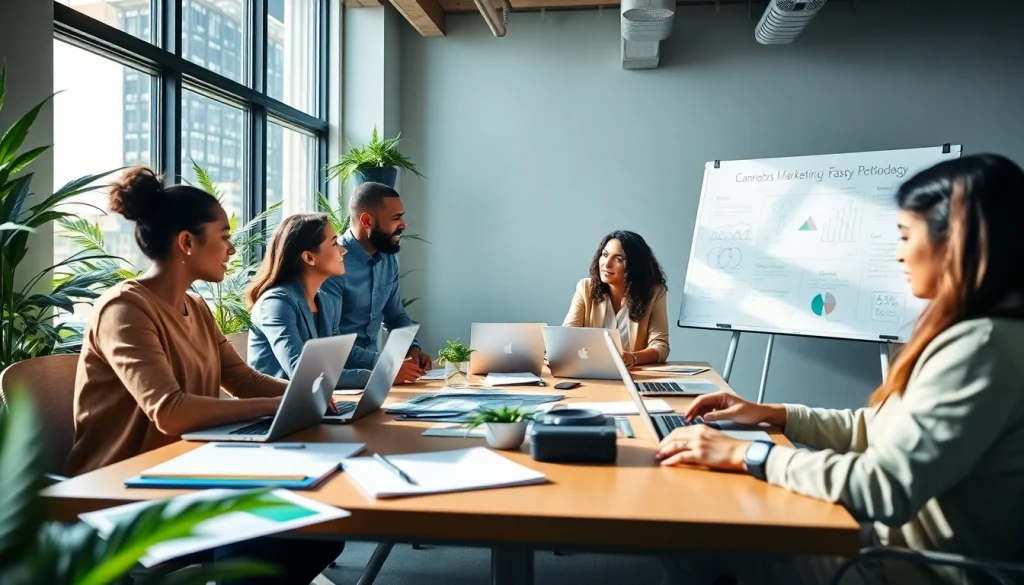 Showcasing a cannabis marketing agency team collaborating in a vibrant office space.