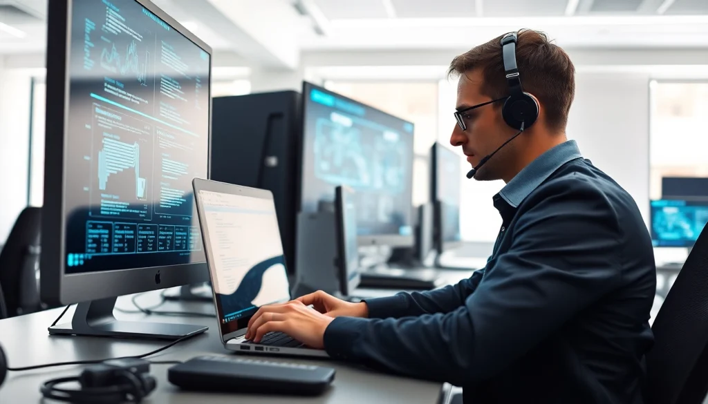 Technician providing computer support and services in a modern workspace with diagnostic tools.