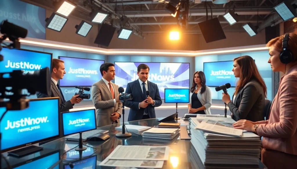 Capture dynamic journalists at justnownews.press collaborating in a modern newsroom.