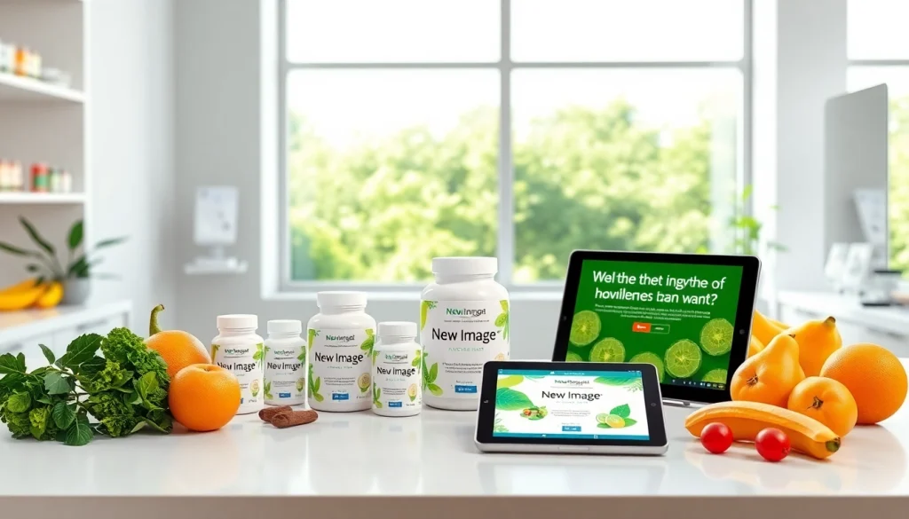 Engage with New Image International's health products in a modern wellness setting showcasing vibrant supplements.